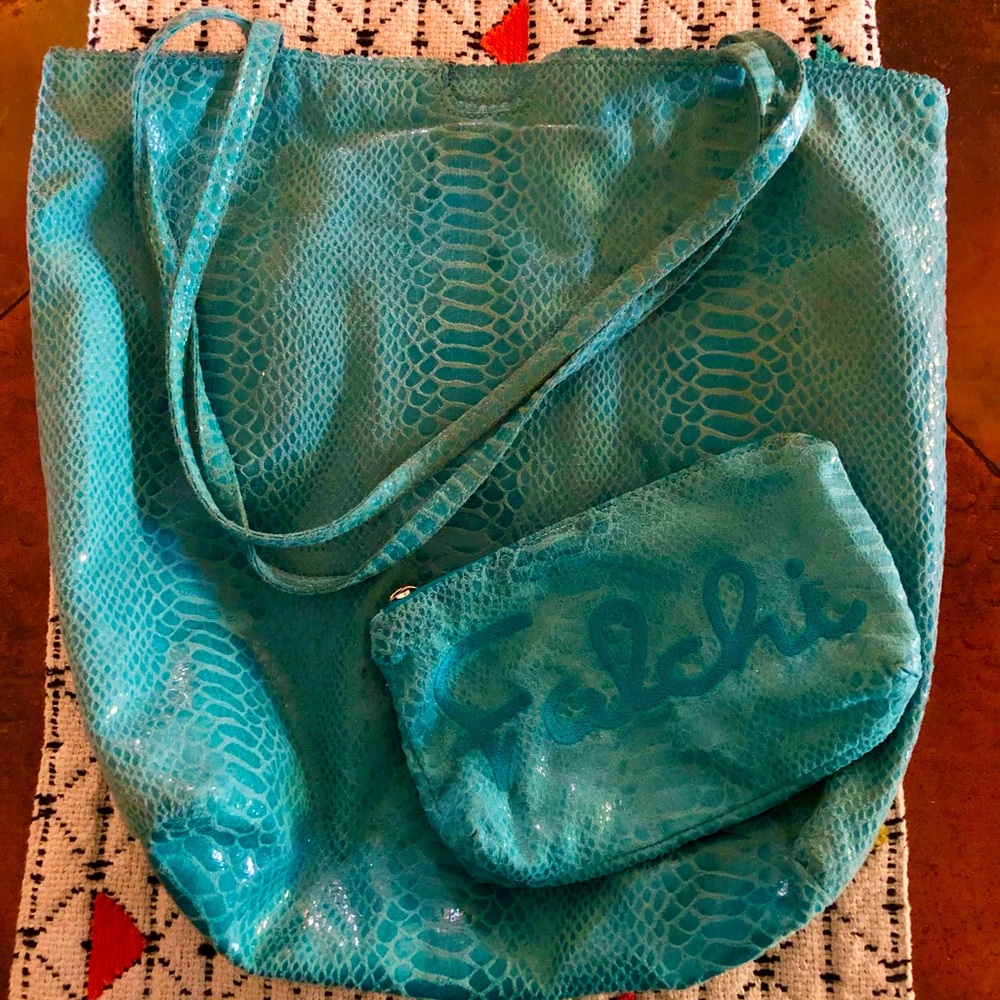 Fatto a Mano by Carlos Falchi Turquoise Embossed Shoulder Bag & Cosmetic Bag